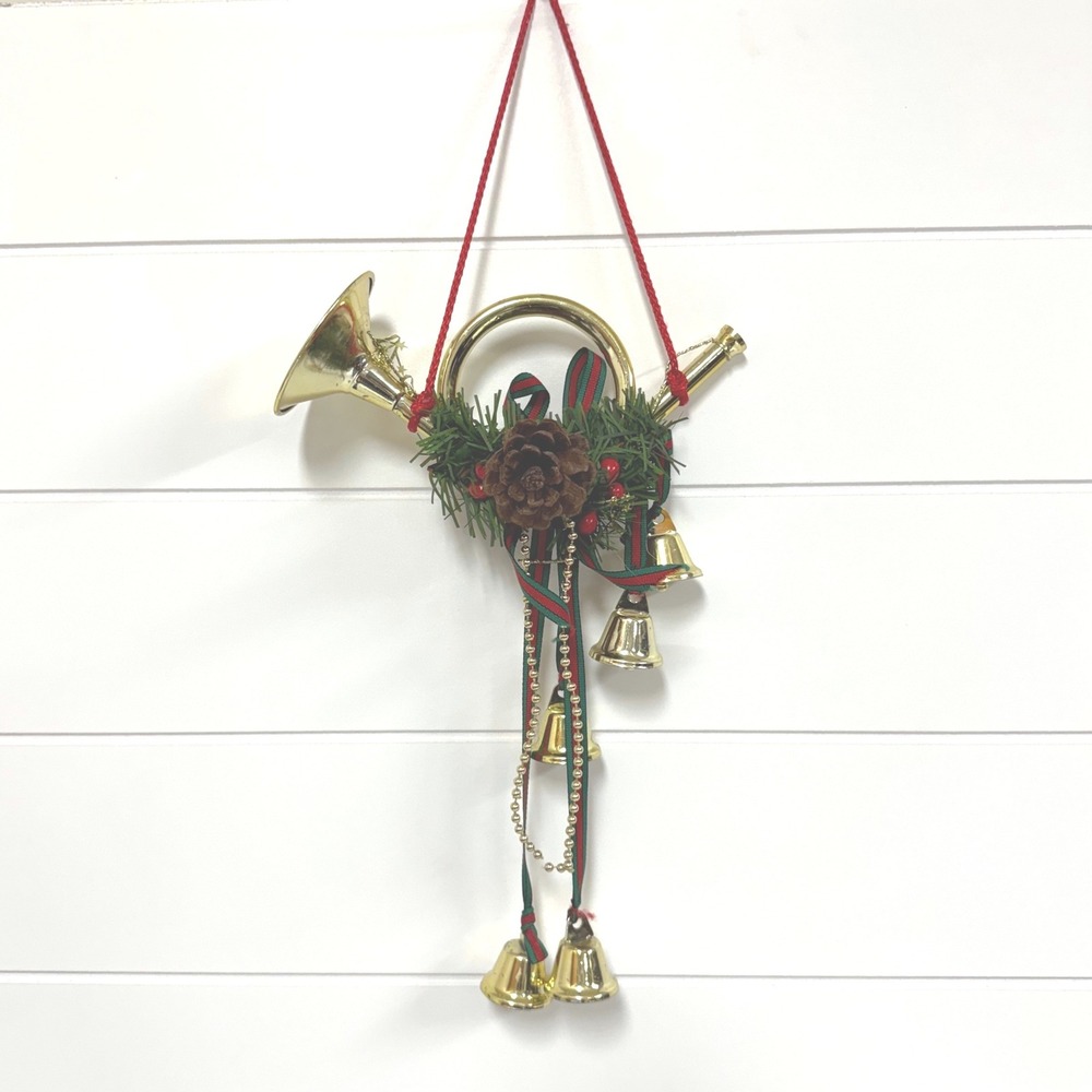 Vintage Gold Tone Christmas French Horn Wall Hanging Decor Pinecone Bells